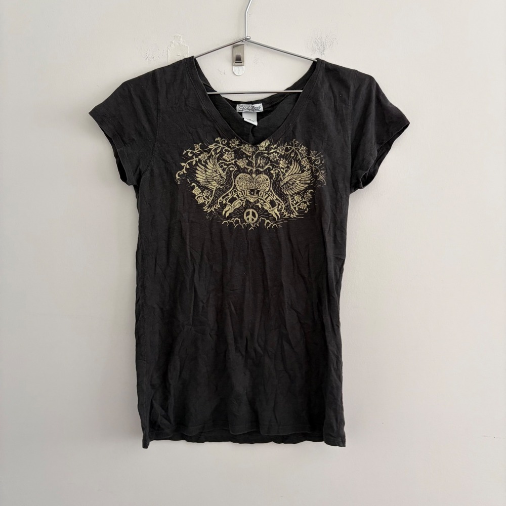 Lucky Brand Women Black True Love Graphic V-Neck T-Shirt Medium